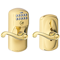 Schlage FE FE595 PLY 505 FLA Keypad Lock with Flex-Lock, Different Key, Bright Brass, Flair Lever In