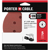 PORTER-CABLE 735801205 Sanding Disc, 5 in Dia, 120 Grit, Fine, Aluminum Oxide Abrasive, 8-Hole
